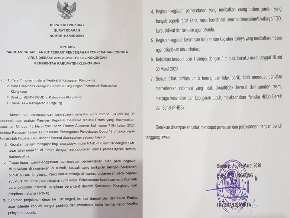 Cegah Penyebaran Corona, Bupati Klungkung Keluarkan Surat Edaran